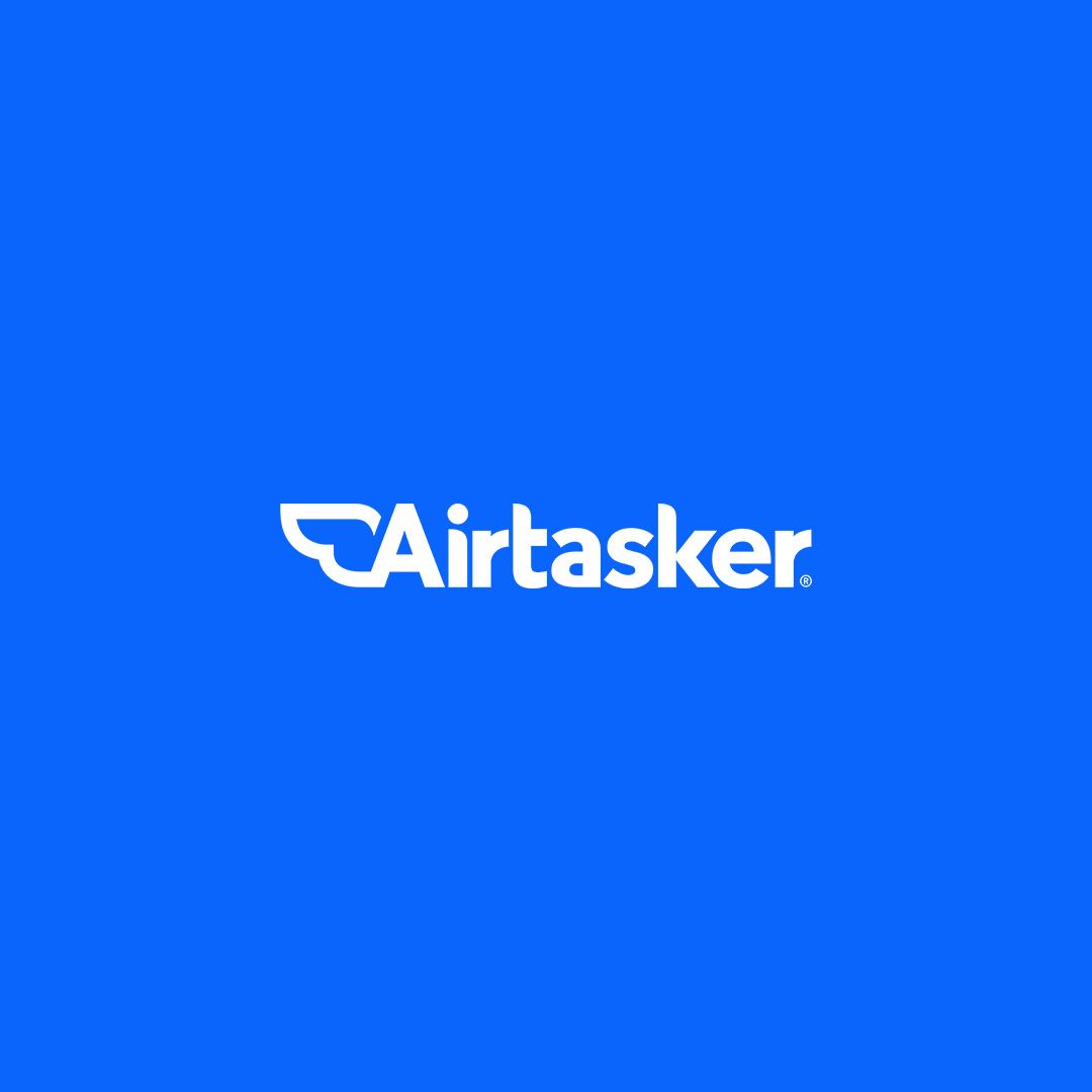 White Airtasker wordmark on a vivid blue background