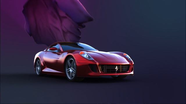 Red sports car emerging from sculpted purple fabric, from Rakitha’s showreel